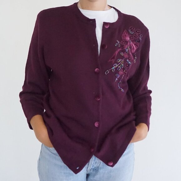 Sweaters - Vintage Alfred Dunner Plum Beaded Floral Bow Embroidered Wool Knit Cardigan M